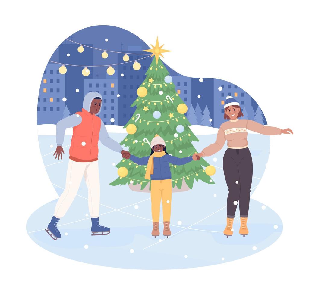 Family on skating rink 2D vector isolated illustration. Holiday recreation flat characters on cartoon background. Christmastime colourful editable scene for mobile, website, presentation