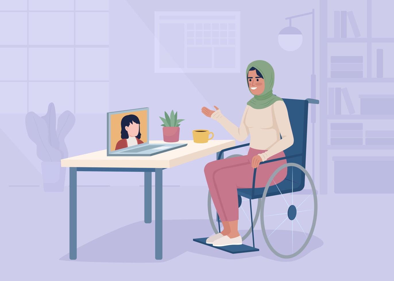 Woman with disability working from home flat color vector illustration. Videochat with business partner. Remote workplace. Fully editable 2D simple cartoon interior with workplace on background