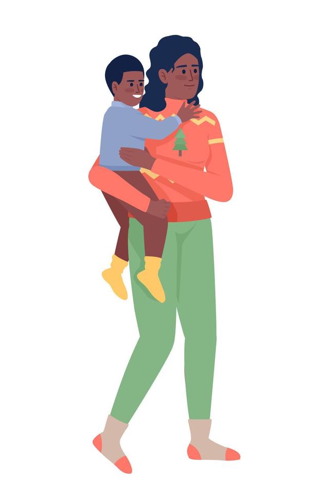 madre y su hijo carácter vectorial de color semiplano. figura editable. personas de cuerpo completo en blanco. ropa de navidad ilustración de estilo de dibujos animados simple para diseño gráfico web y animación vector