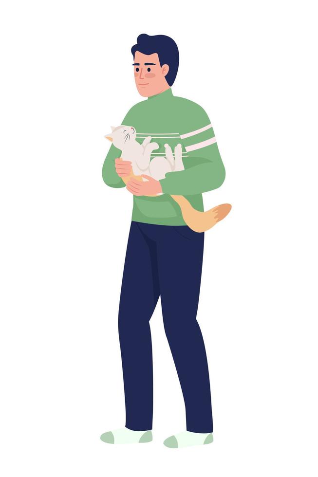 Man holds his cat semi flat color vector characters. Editable figures. Full body person on white. Lovely domestic animal simple cartoon style illustration for web graphic design and animation