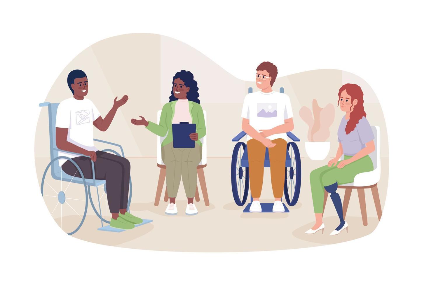 Support group for disabled patients 2D vector isolated illustration. Sharing experience flat characters on cartoon background. Colourful editable scene for mobile, website, presentation