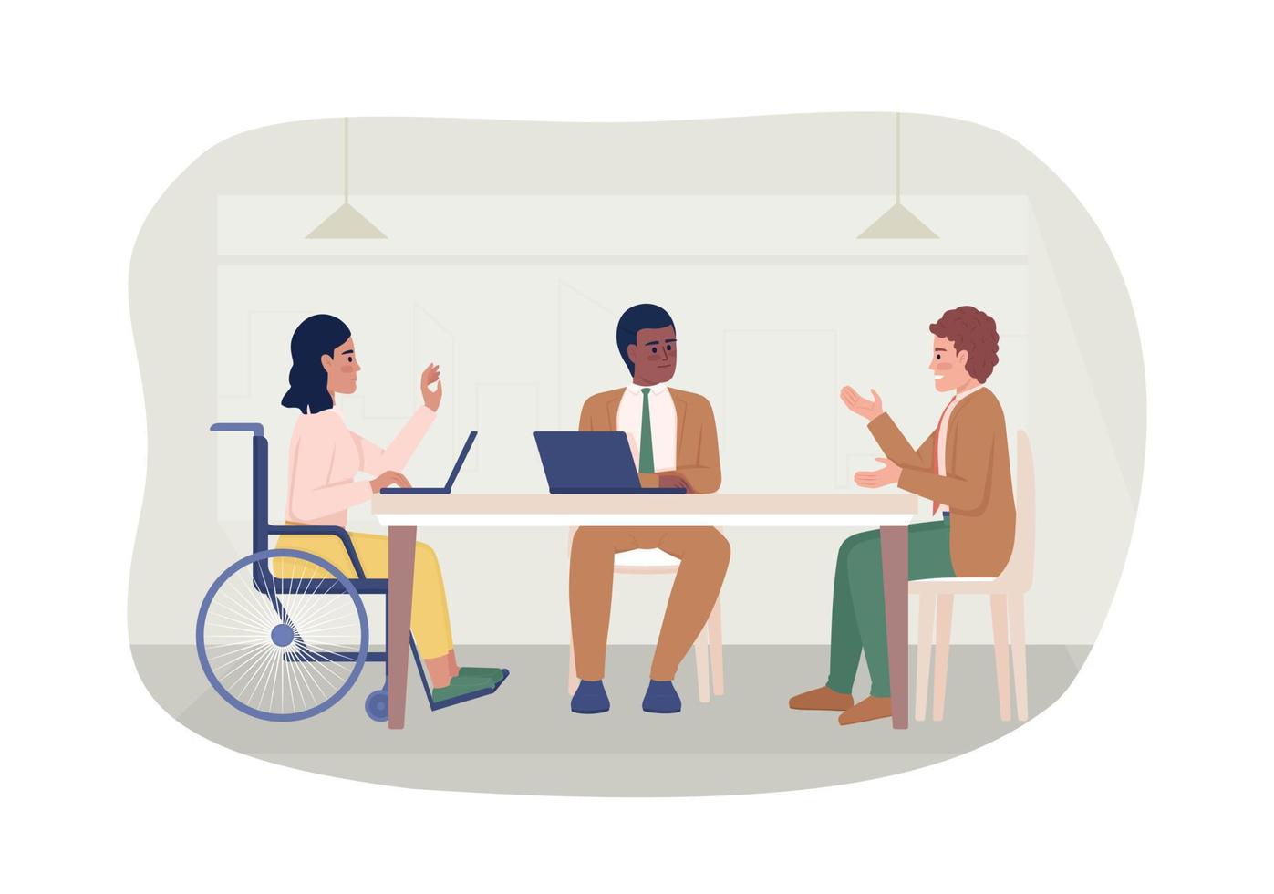 Disabled woman at meeting 2D vector isolated illustration. Inclusion in business flat characters on cartoon background. Diversity colourful editable scene for mobile, website, presentation