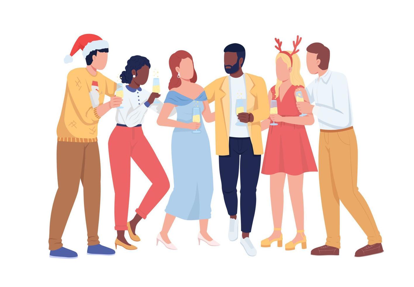 amigos en la fiesta de navidad carácter vectorial de color semiplano. figura editable. personas de cuerpo completo en blanco. feliz año nuevo ilustración de estilo de dibujos animados simple para diseño gráfico web y animación vector