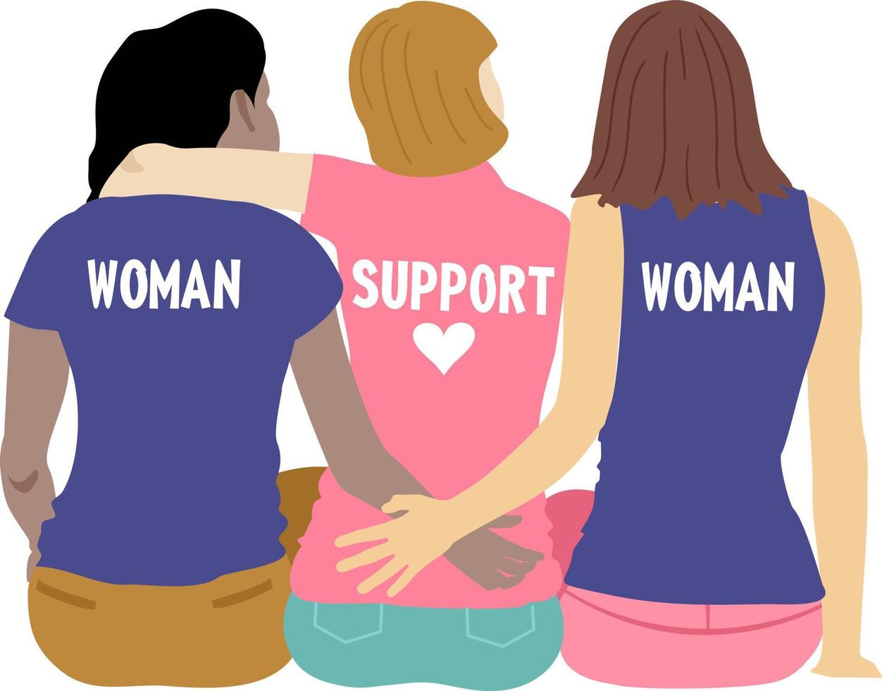 Women support women. Back view of three women supporting each other. Friends hug vector