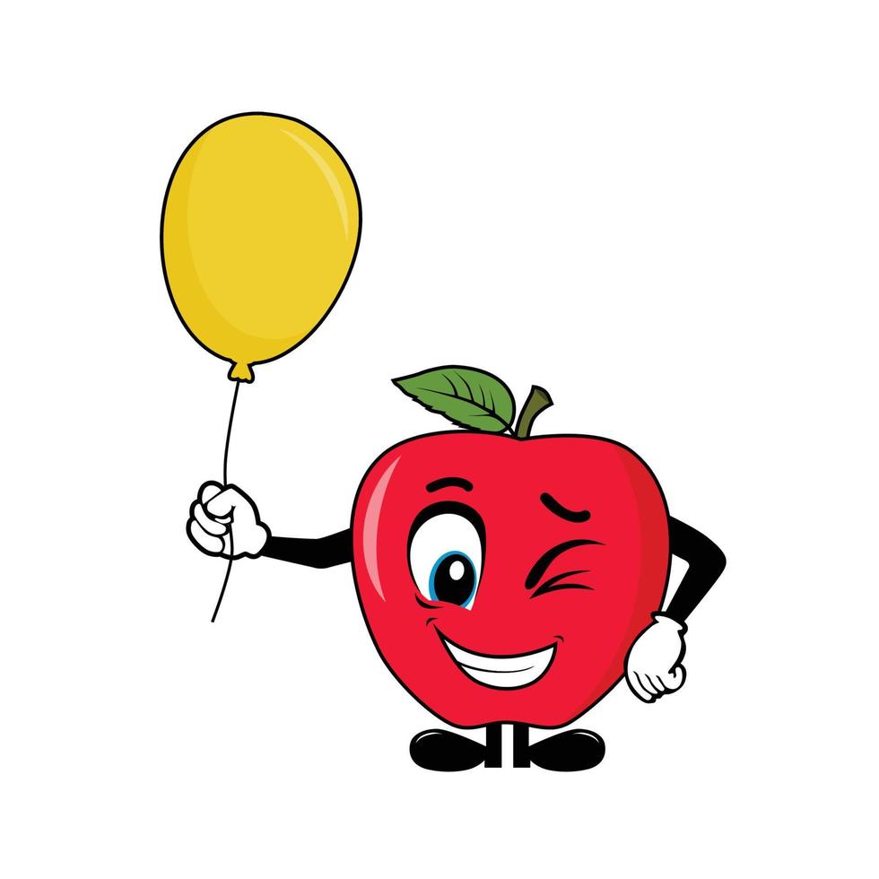 Vector illustration of red apple fruit cartoon character holding yellow balloon