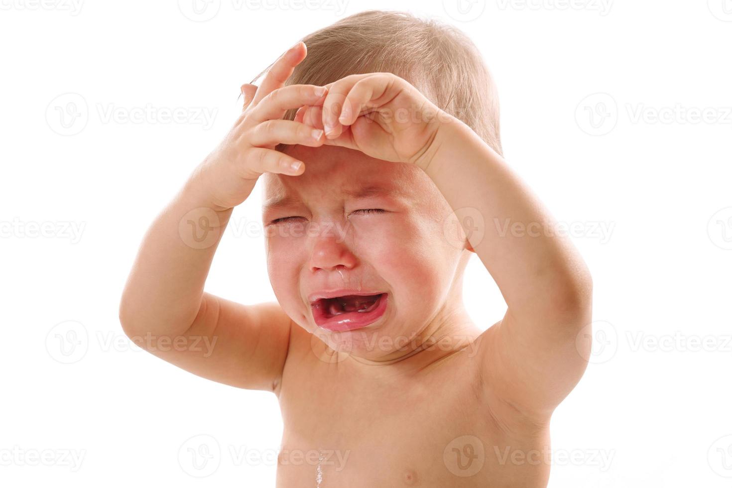 Closeup shot of upset little boy crying. photo