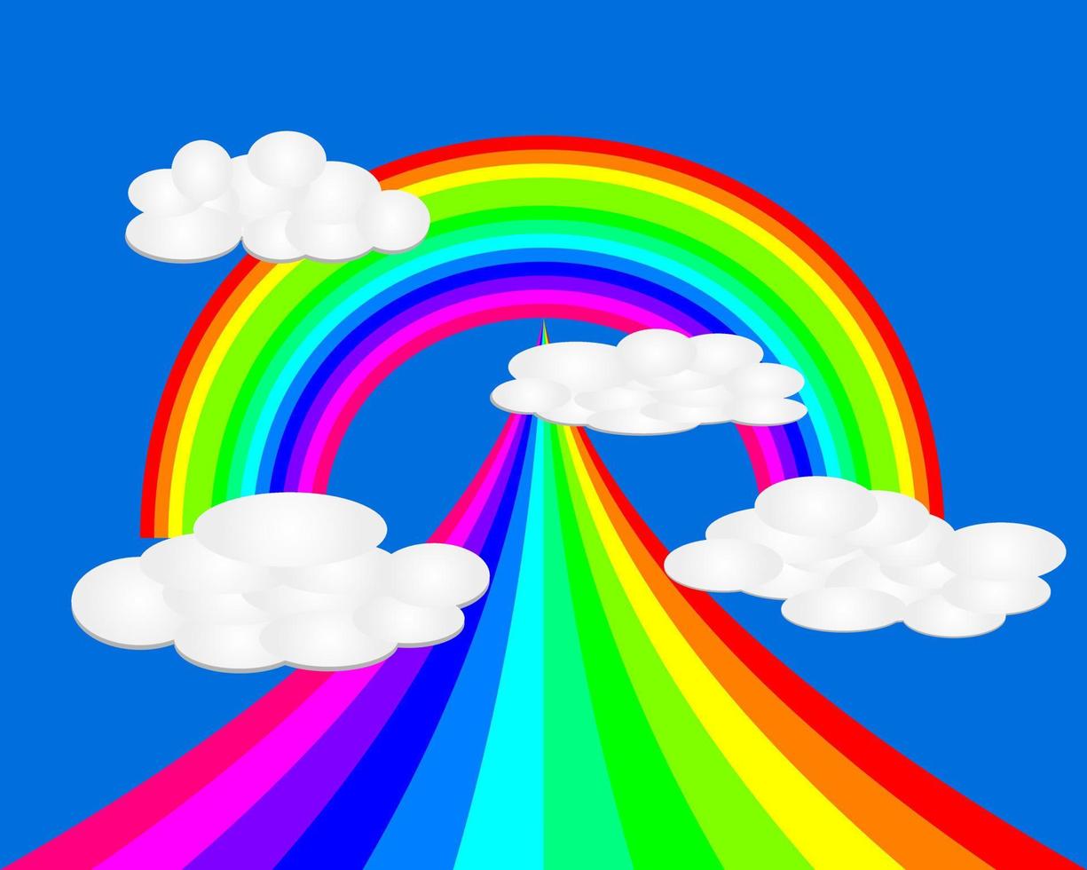 rainbow with clouds colorful flowers on a blue background vector