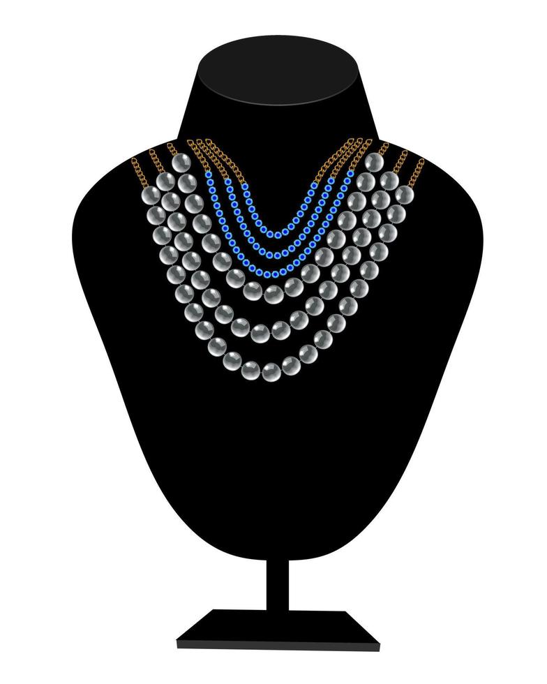 collares de perlas y piedras azules colgadas de un maniquí vector