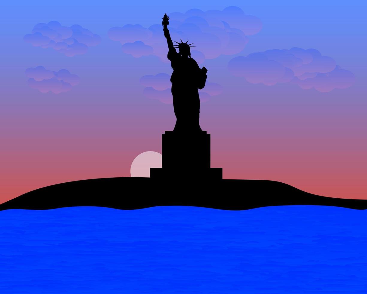 estatua de la libertad puesta del sol el agua y las nubes vector