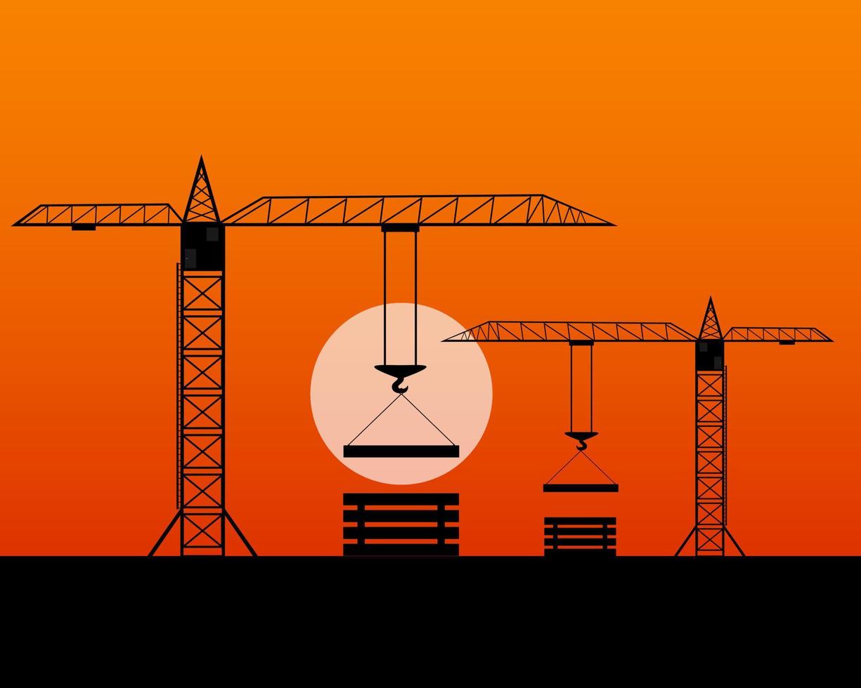 two tall cranes lifted concrete slabs evening time vector