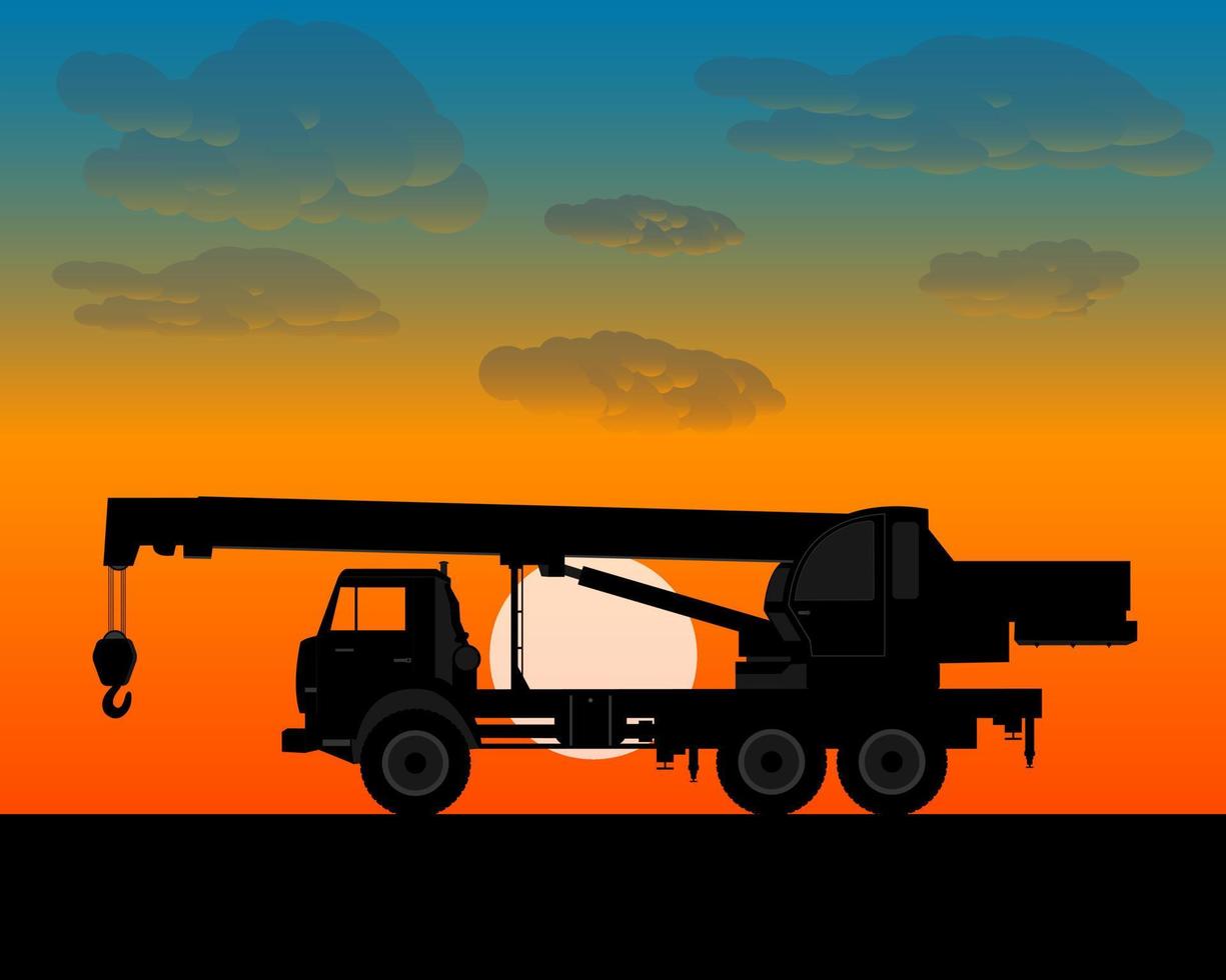 truck crane for lifting is worth of building materials in the evening at sundown vector