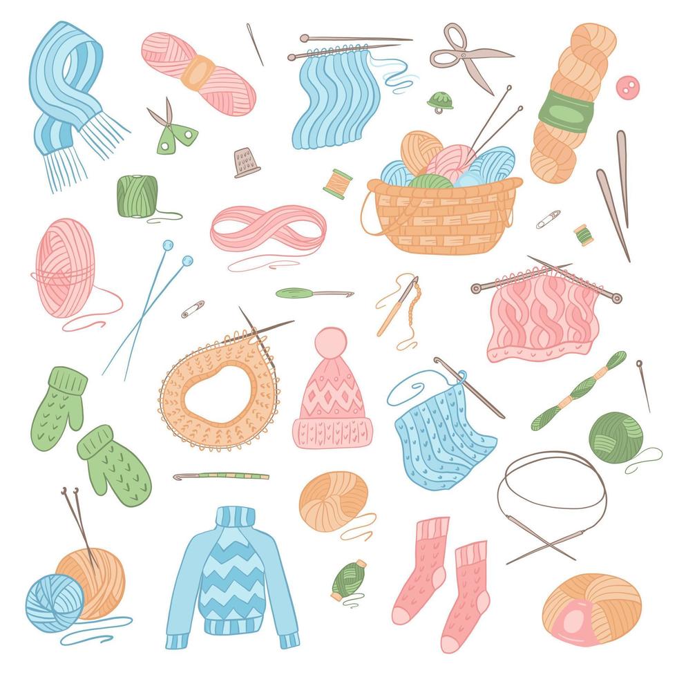 Set vector illustration elements isolated on white. Knitting tools, yarn, wools, knitting needles. Handmade knitwear and hobby concept.