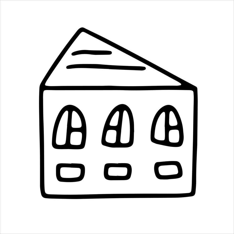 Doodle house. Funny primitive black and white sketch scribble style. Hand drawn toy build vector illustration.