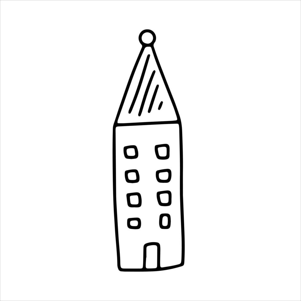 Doodle house. Funny primitive black and white sketch scribble style. Hand drawn toy build vector illustration.