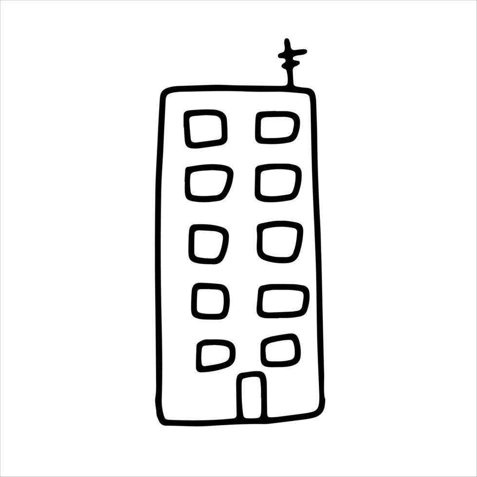 Doodle house. Funny primitive black and white sketch scribble style. Hand drawn toy build vector illustration.