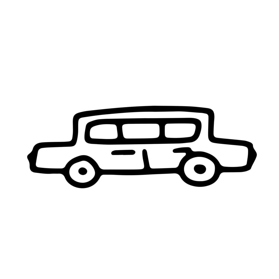 contorno de fideos coche blanco y negro. divertido estilo primitivo de garabatos. Ilustración de vector de coche de juguete dibujado a mano.