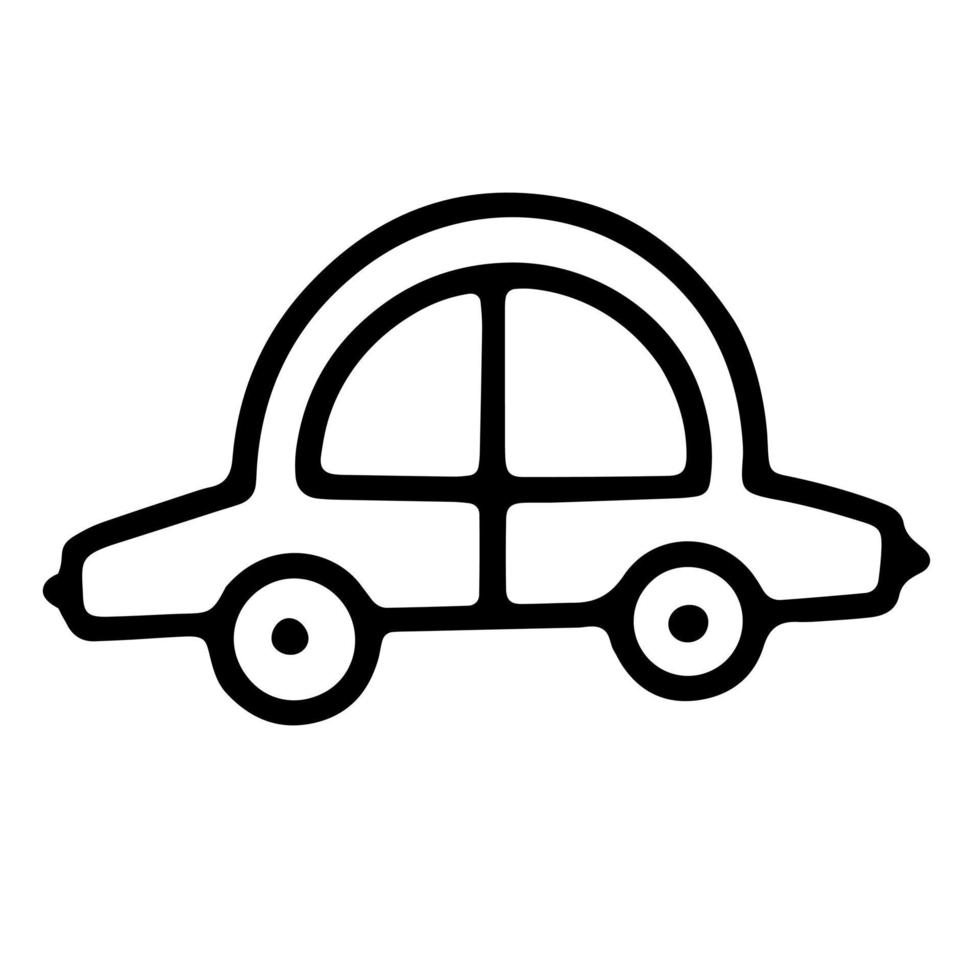 contorno de fideos coche blanco y negro. divertido estilo primitivo de garabatos. Ilustración de vector de coche de juguete dibujado a mano.