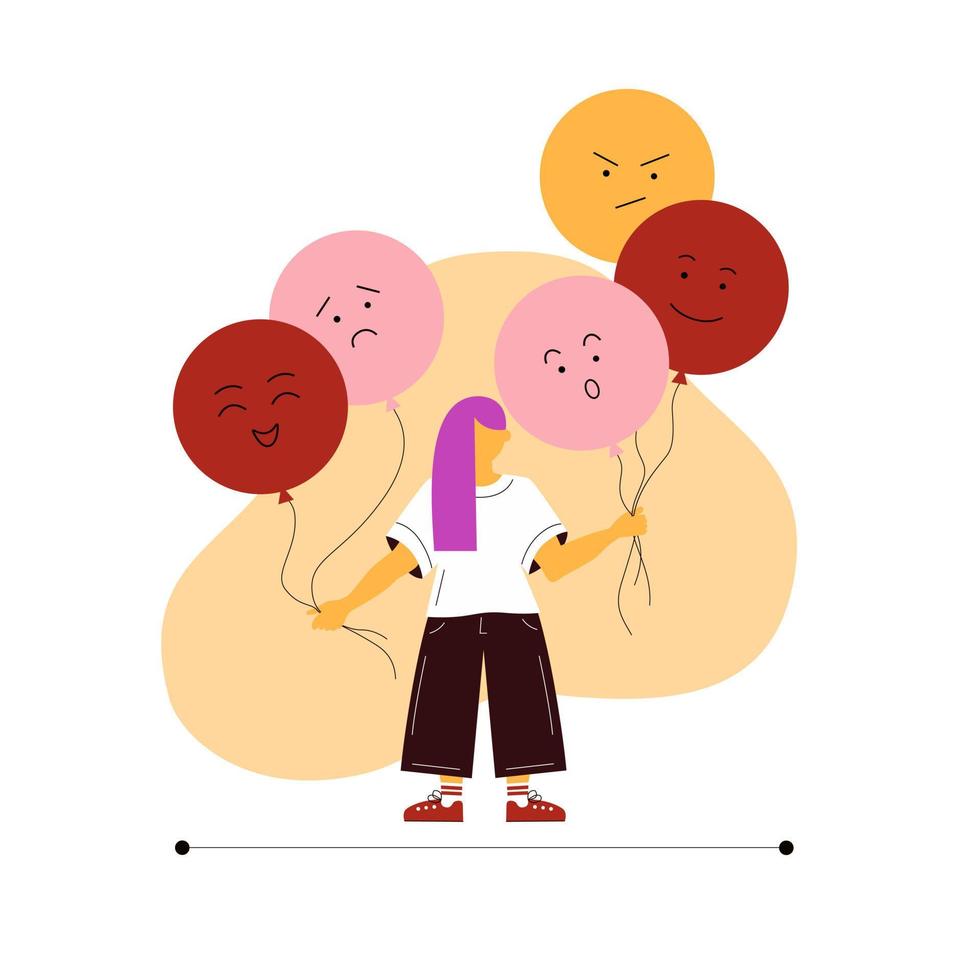 The concept of emotional balance and mental health. Character woman holding balloons with expressive emotions. The choice of mood and harmony with oneself. Flat vector illustration