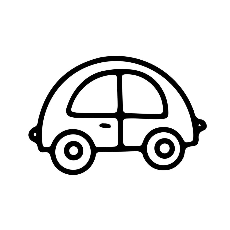 Doodle outline black and white car. Funny primitive sketch scribble style. Hand drawn toy car vector illustration.