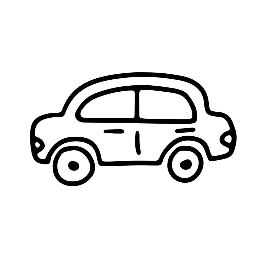 contorno de fideos coche blanco y negro. divertido estilo primitivo de garabatos. Ilustración de vector de coche de juguete dibujado a mano.