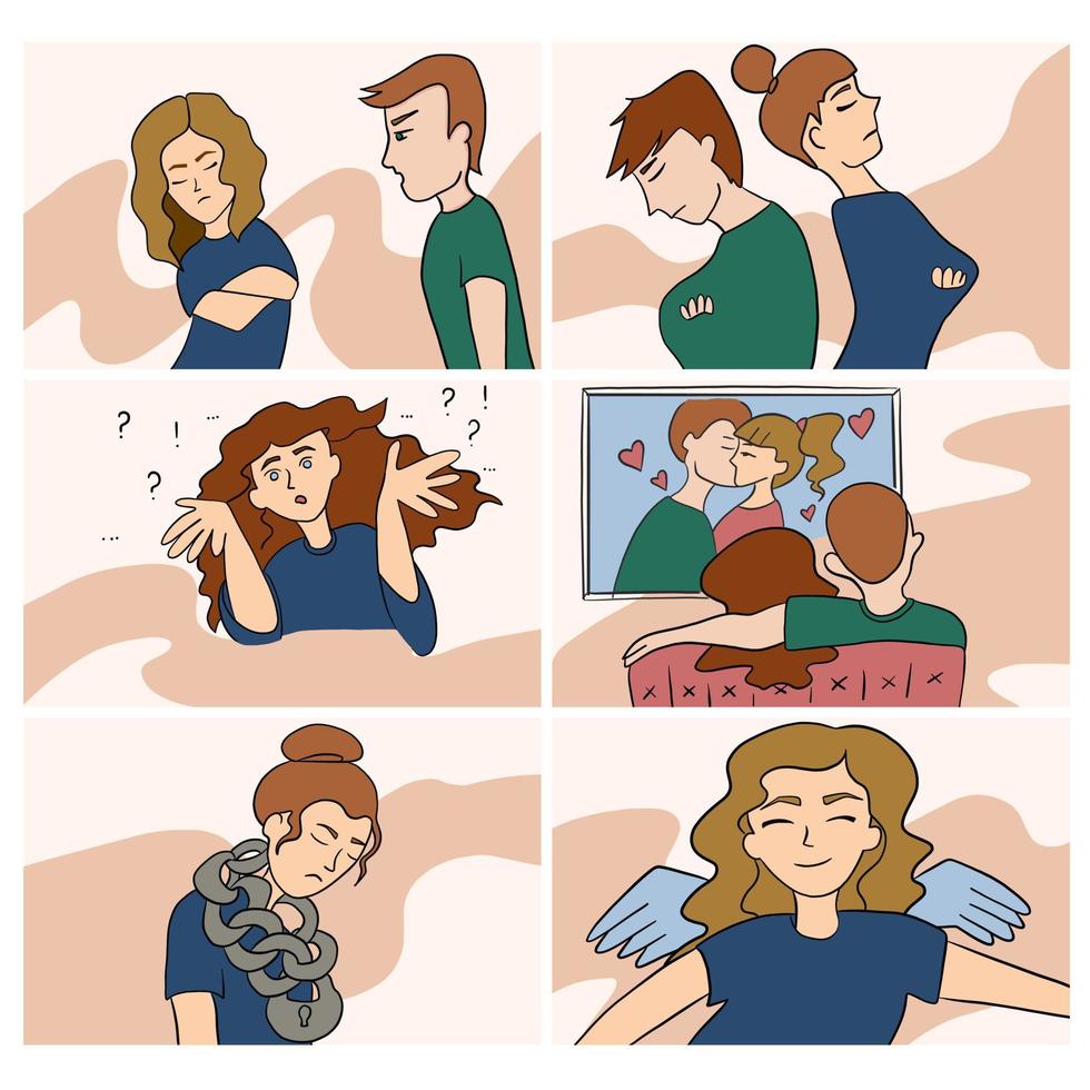 Set of vector illustrations a lot of different psychological situations. Male and female characters are quarreling, the woman is confused and sad. Happiness and love.