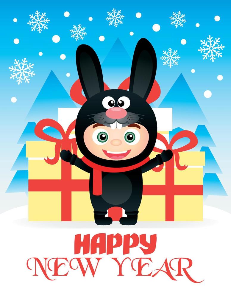 Happy New Year poster, banner with child in costume bunny vector