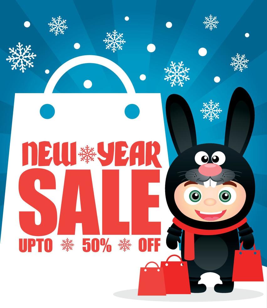 New Year sale 50 off poster, banner with child in costume bunny vector