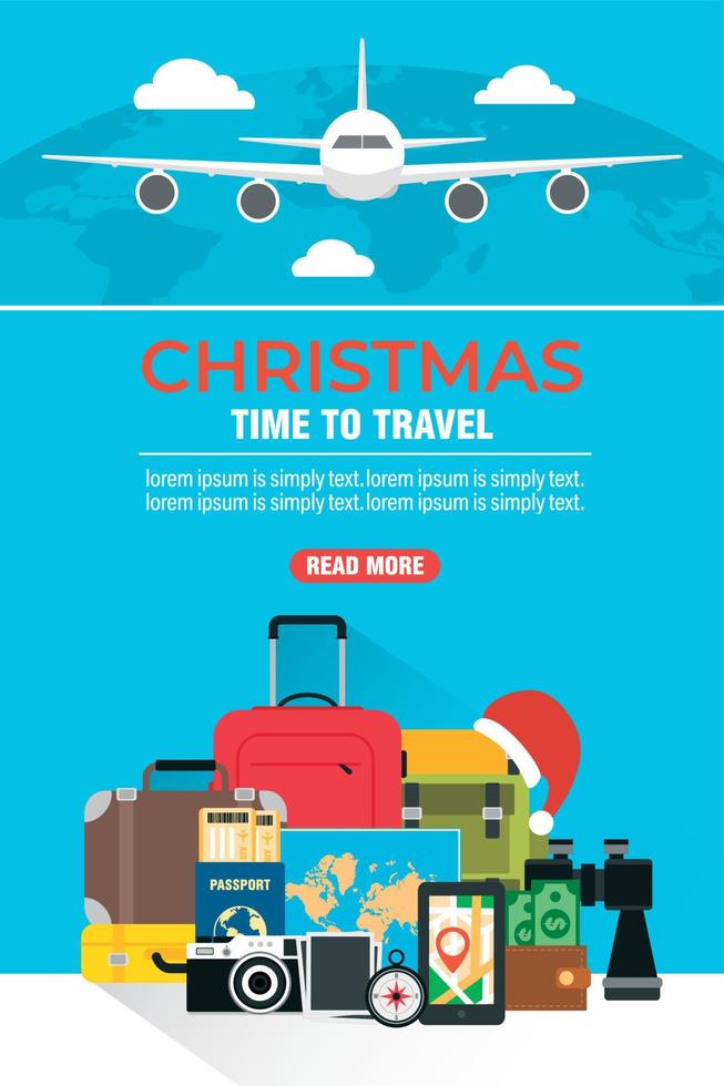 Christmas time to travel in flat design style. Travel the world by plane vector