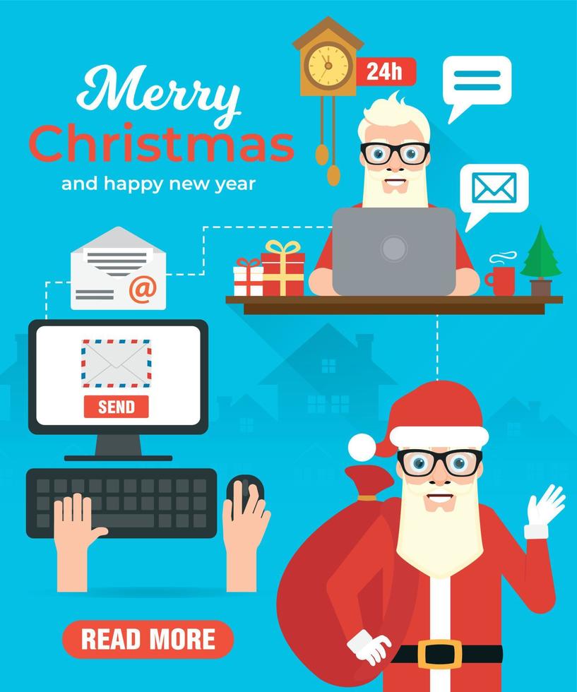 Merry Christmas and Happy New Year concept design flat. Santa delivering Christmas gifts. Santa mail, online greeting vector