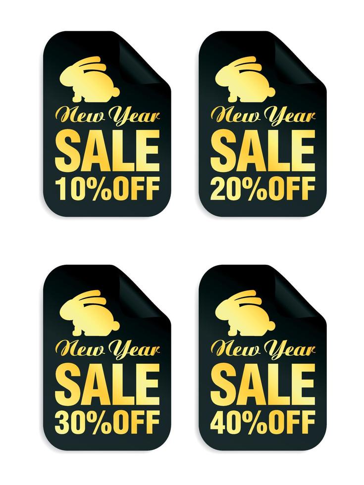 New Year black stickers set with bunny. Sale 10, 20, 30, 40 off vector