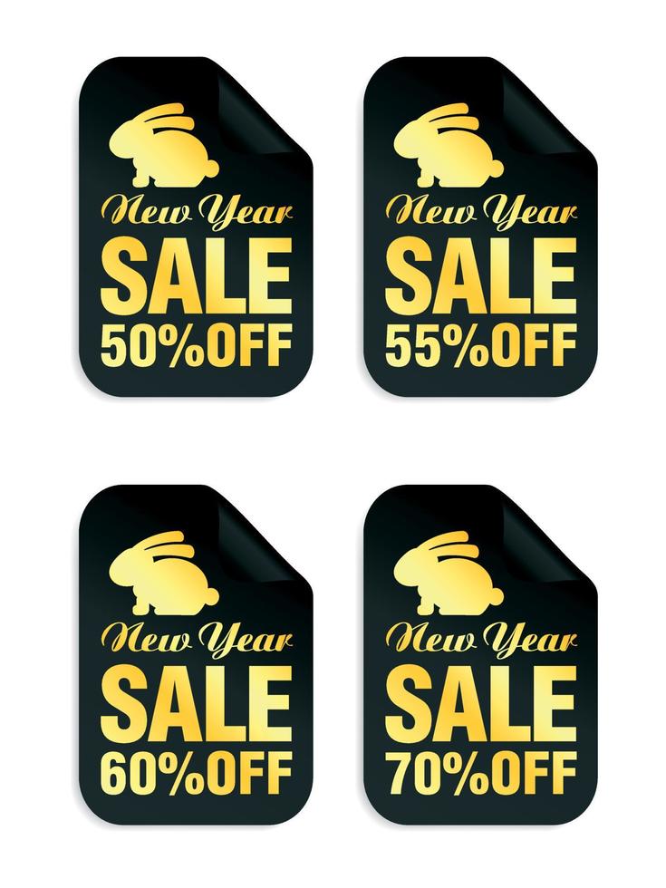 New Year black stickers set with bunny. Sale 50, 55, 60, 70 off vector