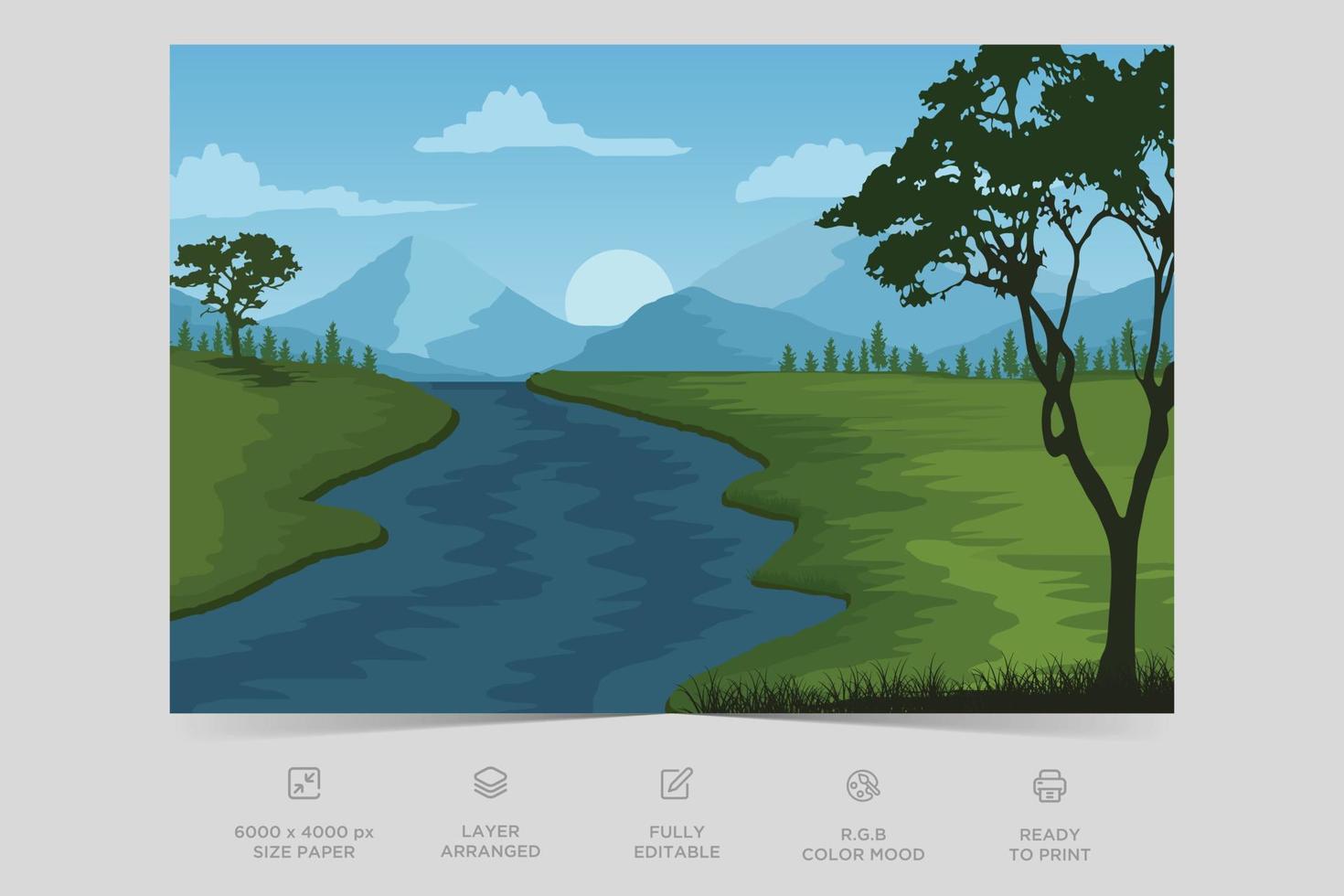 Beautiful river side nature scene flat illustration landscape design background template vector