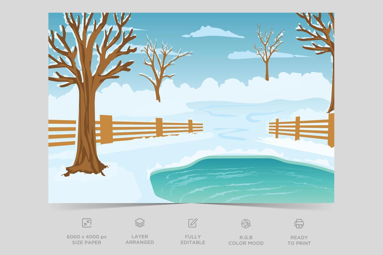 Beautiful ice river side nature scene flat illustration landscape design background template vector