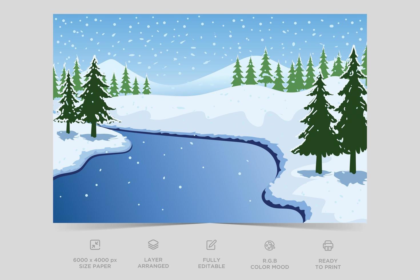 Beautiful ice river side nature scene flat illustration landscape design background template vector