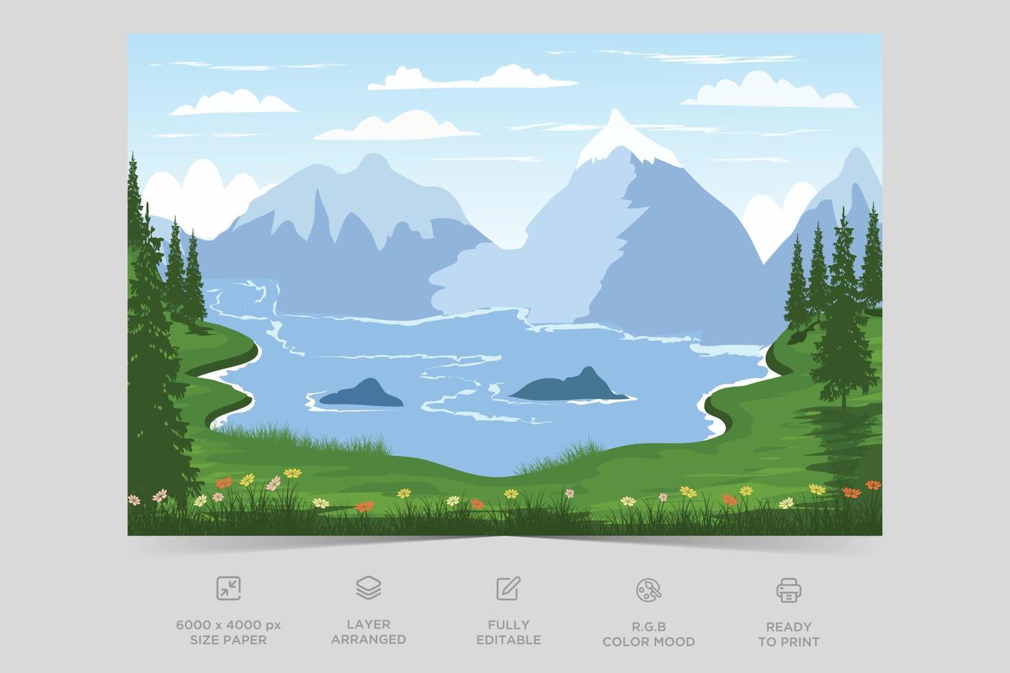 Beautiful river side nature scene flat illustration landscape design background template vector