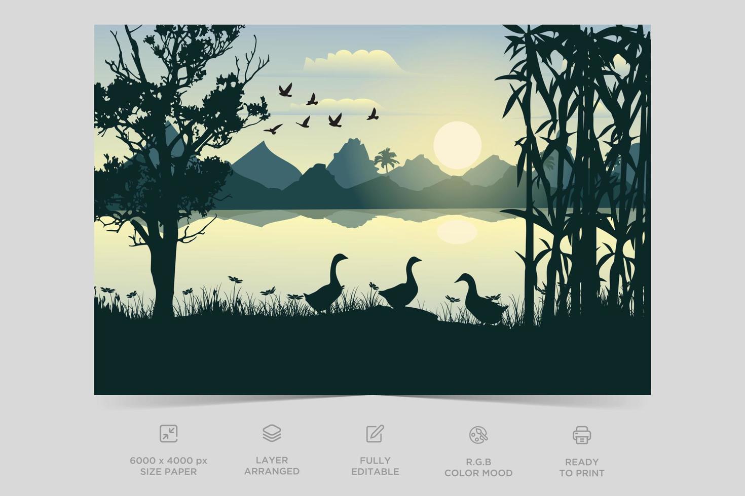 Sunset or sunrise time at forest nature scene and colorful sky flat illustrator landscape design vector