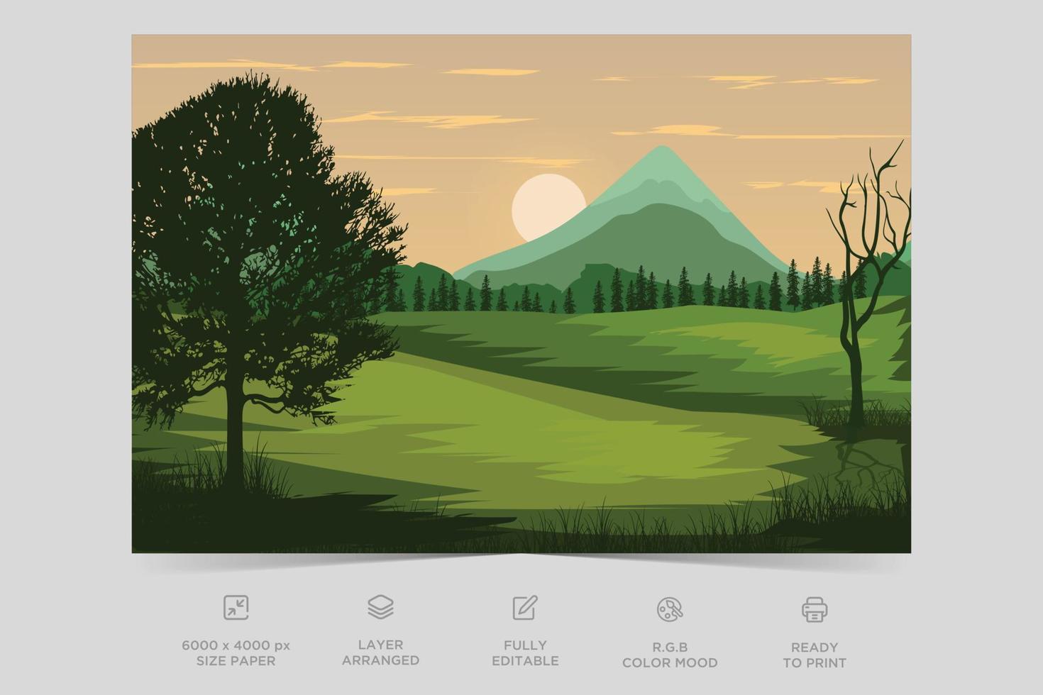 hermosa escena de la naturaleza del bosque en la tarde. plantilla de fondo de diseño de paisaje de ilustración plana vector