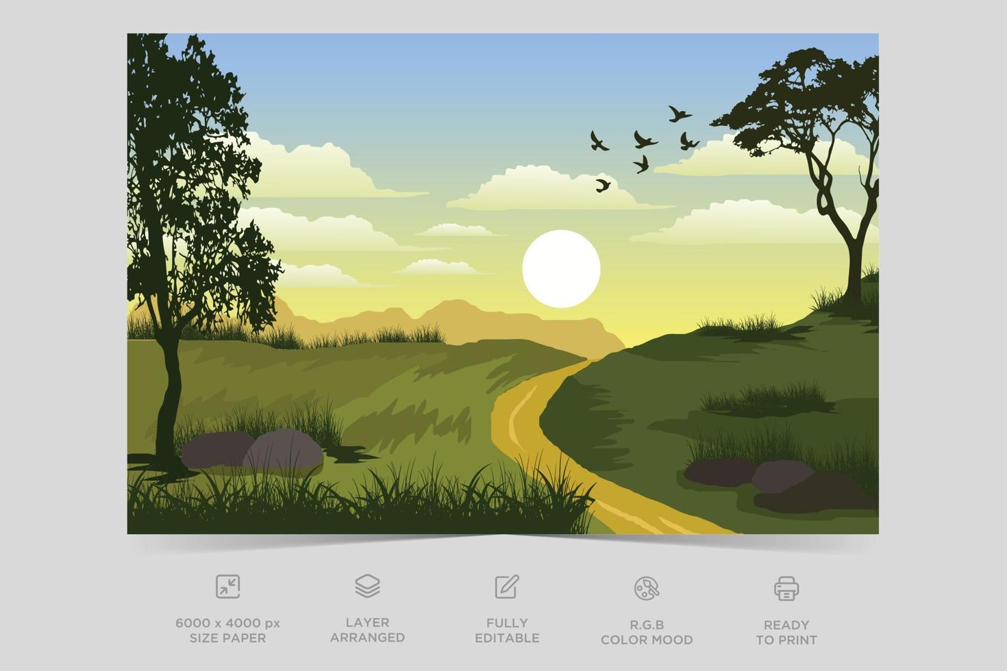 hora de la puesta del sol o del amanecer en la escena de la naturaleza del bosque y el colorido diseño del paisaje del ilustrador plano del cielo vector