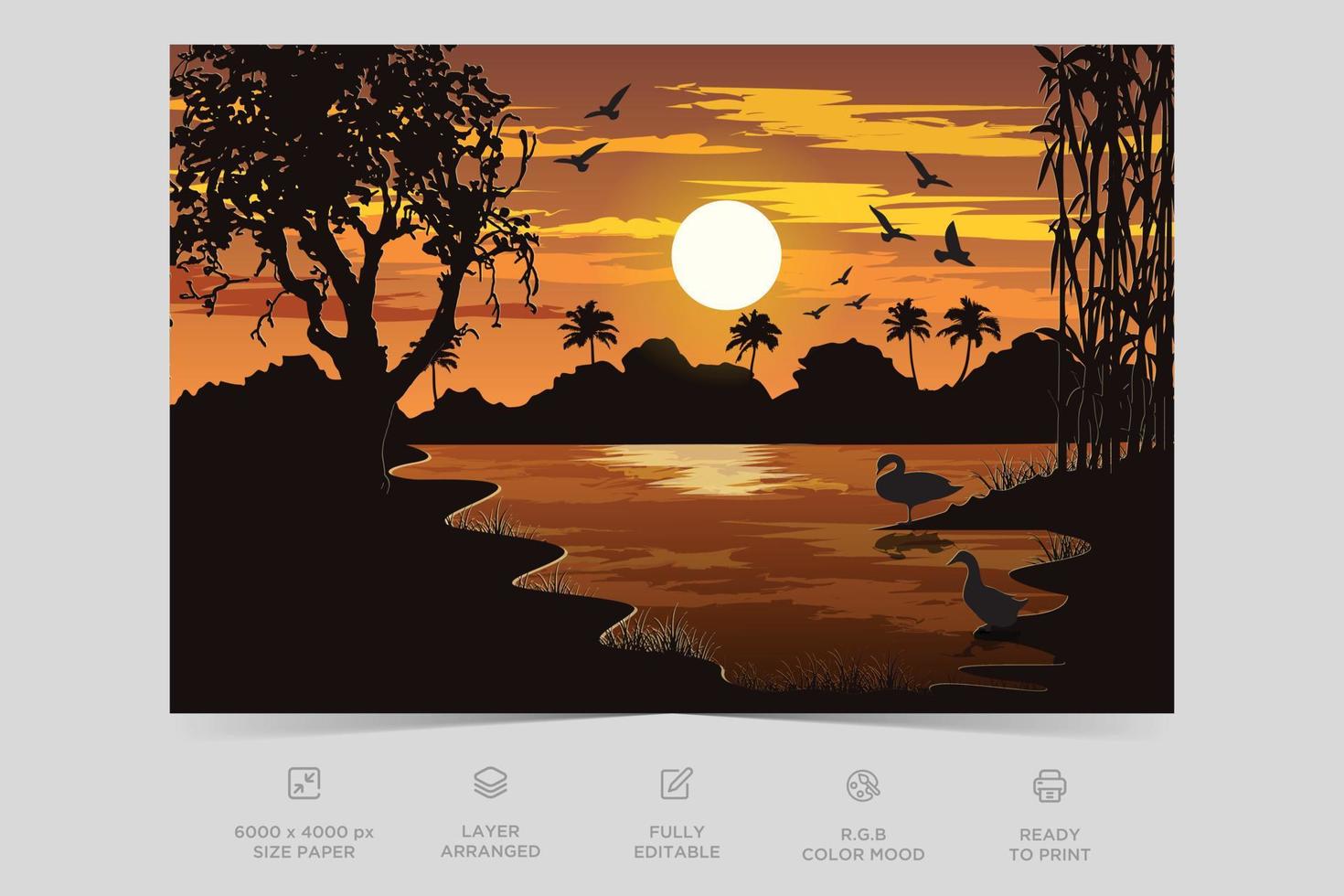 Beautiful river side nature scene in afternoon flat illustration