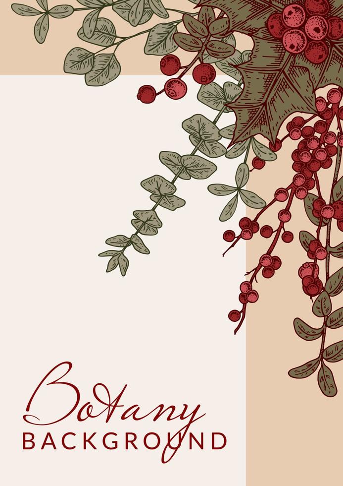 Merry Christmas and Happy New Year vertical greeting card with hand drawn holly leaves and berryes. Festive colorful background. Vector illustration in sketch style