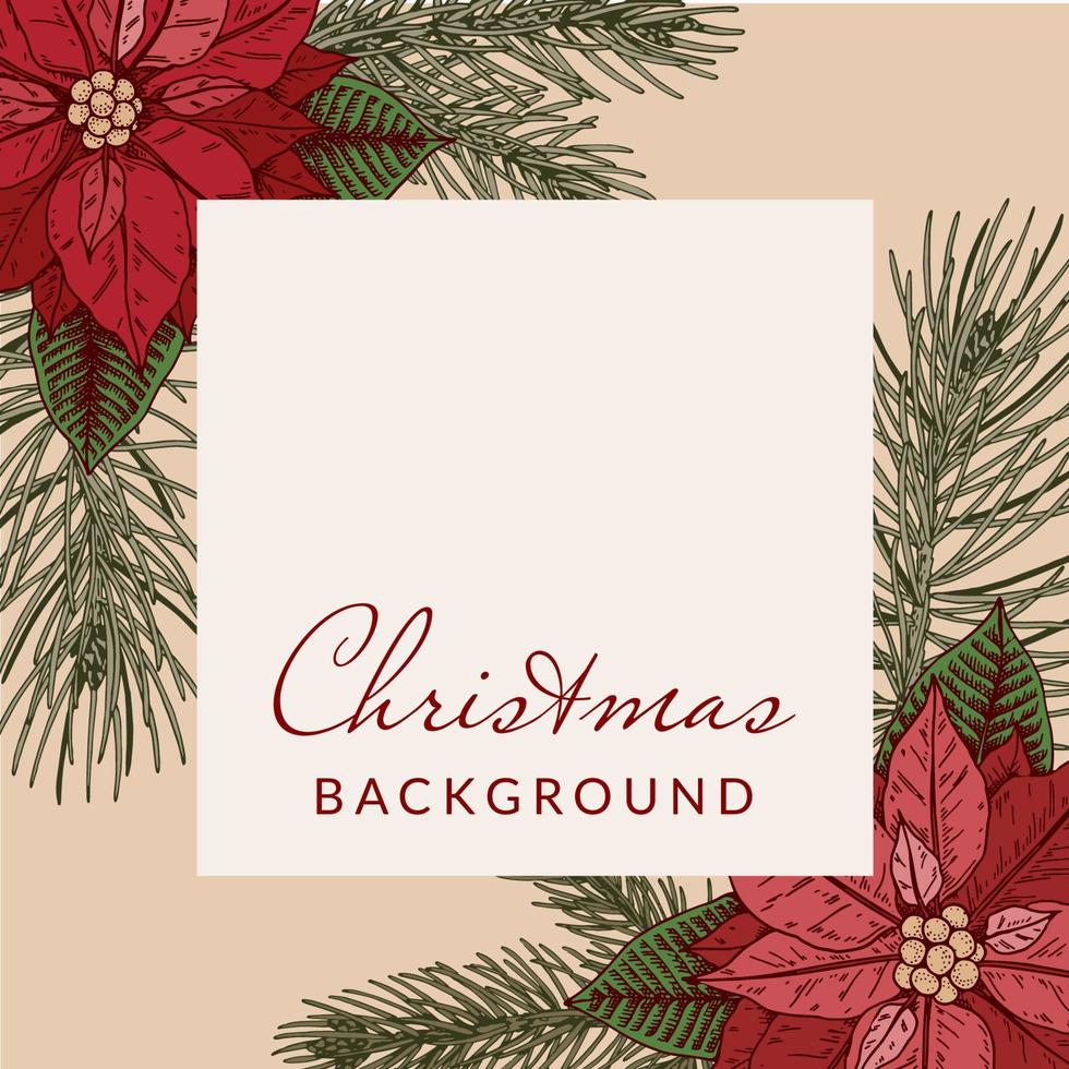 Merry Christmas and Happy New Year greeting card with hand drawn poinsettia and fir tree brunches. Festive colorful background. Vector illustration in sketch style