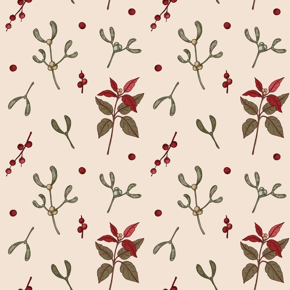 Merry Christmas and Happy New Year seamless pattern with poinsettia branches and mistletoe. Vector illustration in sketch style. Festive background