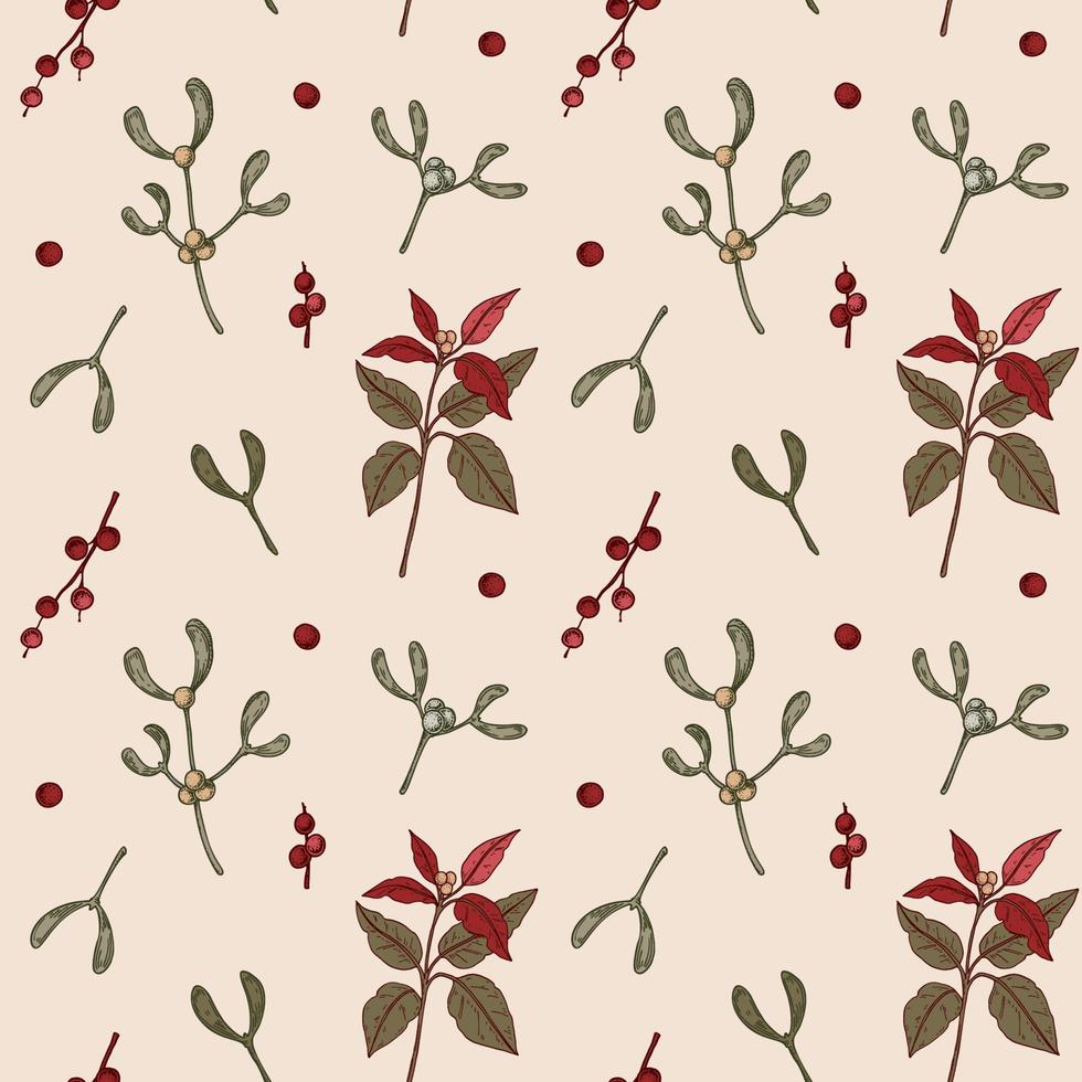 Merry Christmas and Happy New Year seamless pattern with poinsettia branches and mistletoe. Vector illustration in sketch style. Festive background