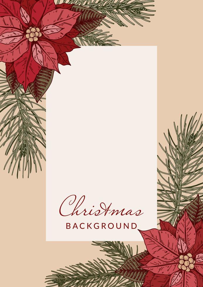 Merry Christmas and Happy New Year vertical greeting card with hand drawn poinsettia flowers and fir tree brunches. Festive colorful background. Vector illustration in sketch style