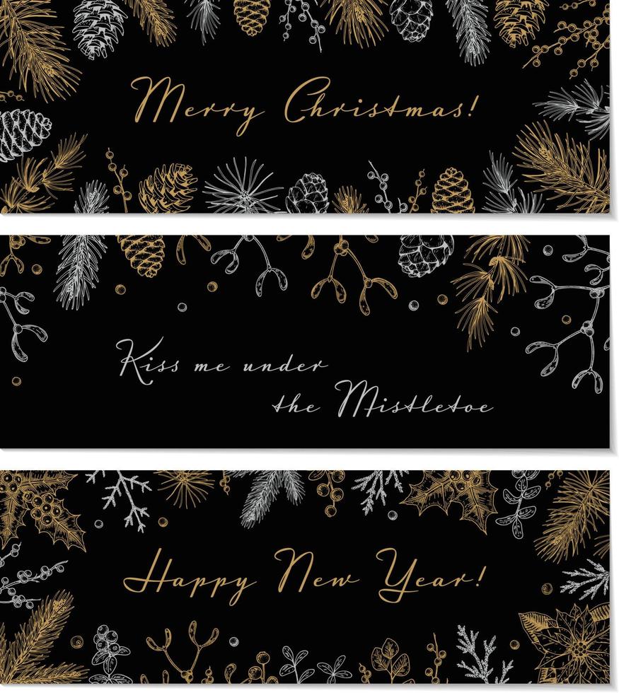 Set of Merry Christmas and Happy New Year horizontal greeting cards with hand drawn golden evergreen and mistletoe branches, holly berries on black background. Vector illustration in sketch style