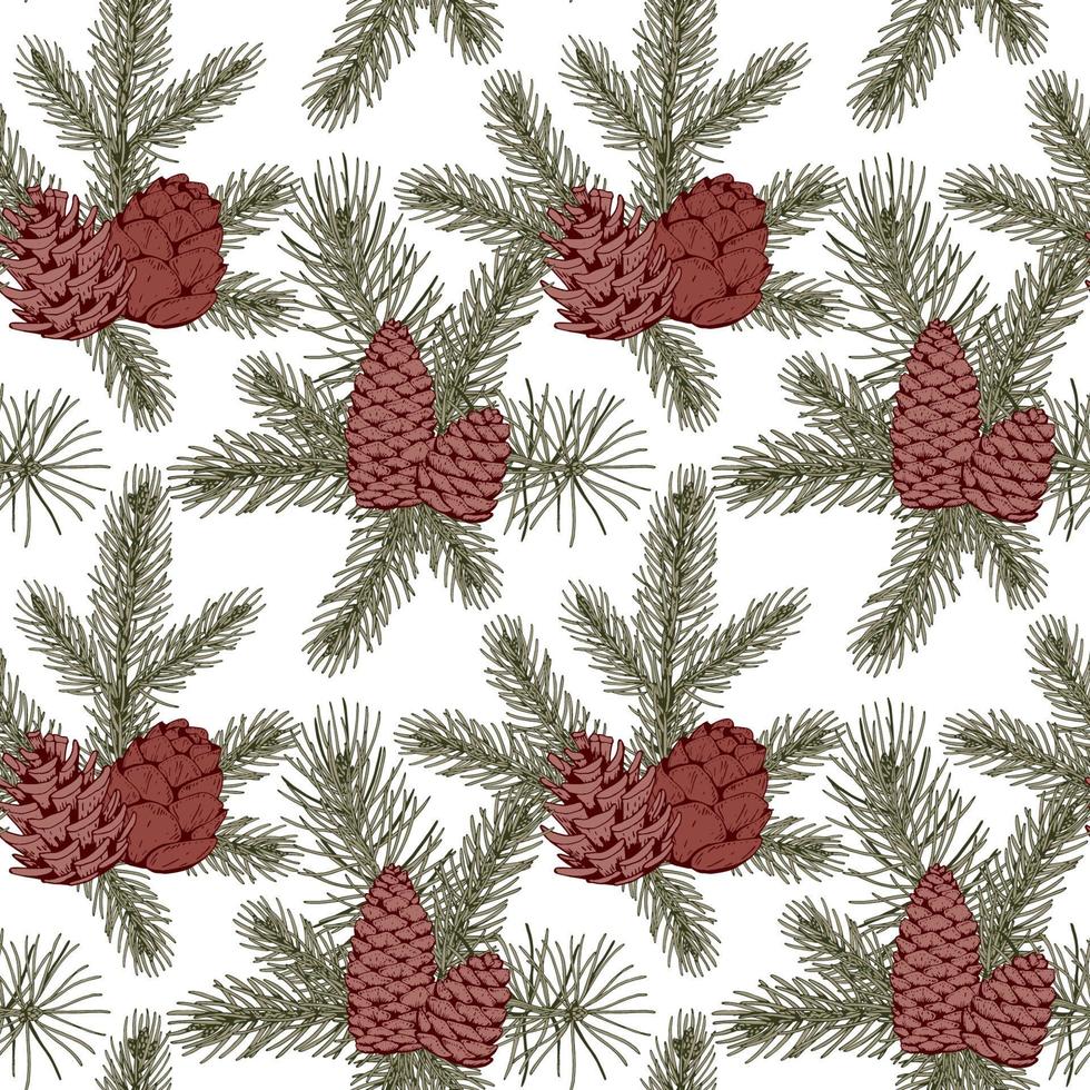 Merry Christmas and Happy New Year seamless pattern with fir tree branches and cones. Vector illustration in sketch style. Festive background