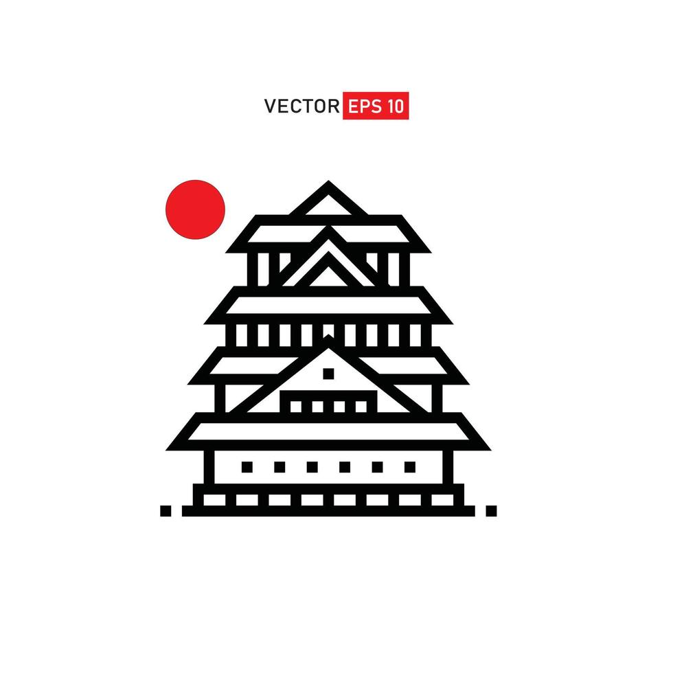 osaka japón castillo con icono de luna roja o icono de flor de sakura diseño plano simple aislado en fondo blanco vector