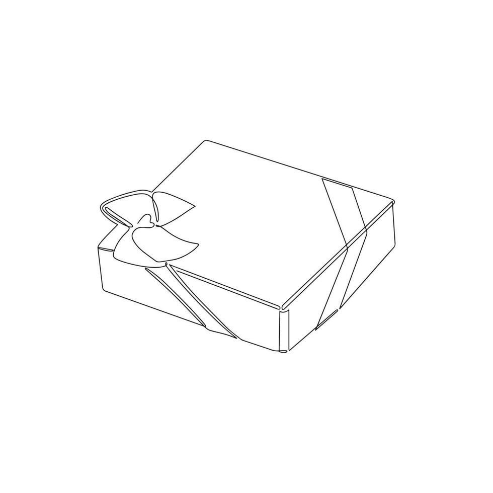 One continuous line drawing of a Christmas gift box with ribbon and bow. A festive gift and wrapped package is a surprise in a simple linear style. Vector illustration