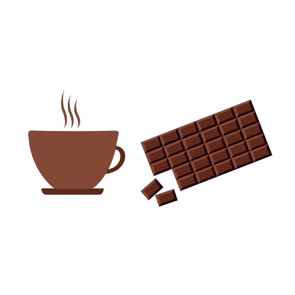A cup of coffee and a bar of chocolate on a white background. Vector illustration in a flat style.