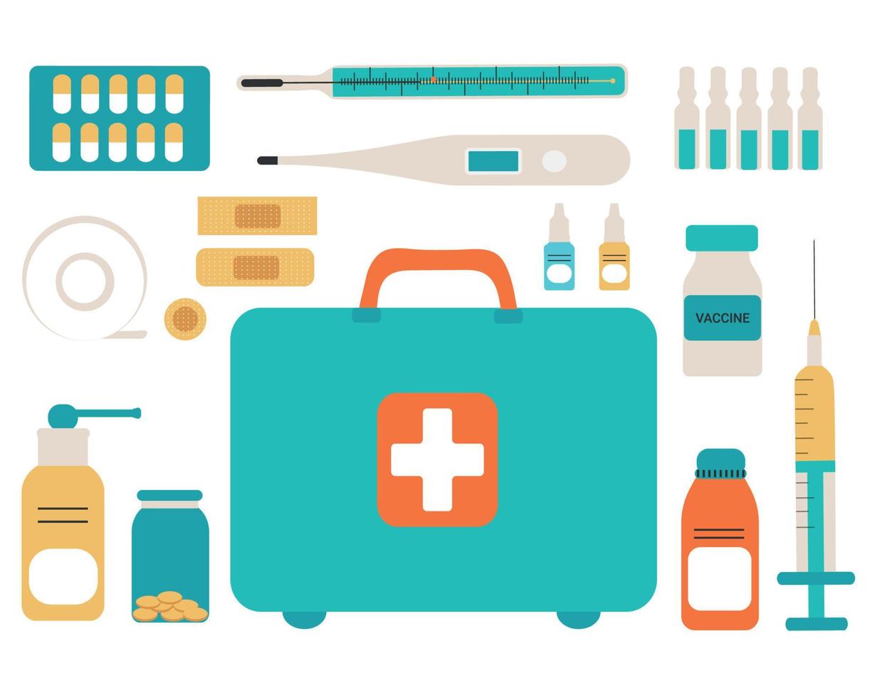 First aid kit isolated on white background. The concept of health, care and medical diagnosis. Flat design. Vector illustration. White background